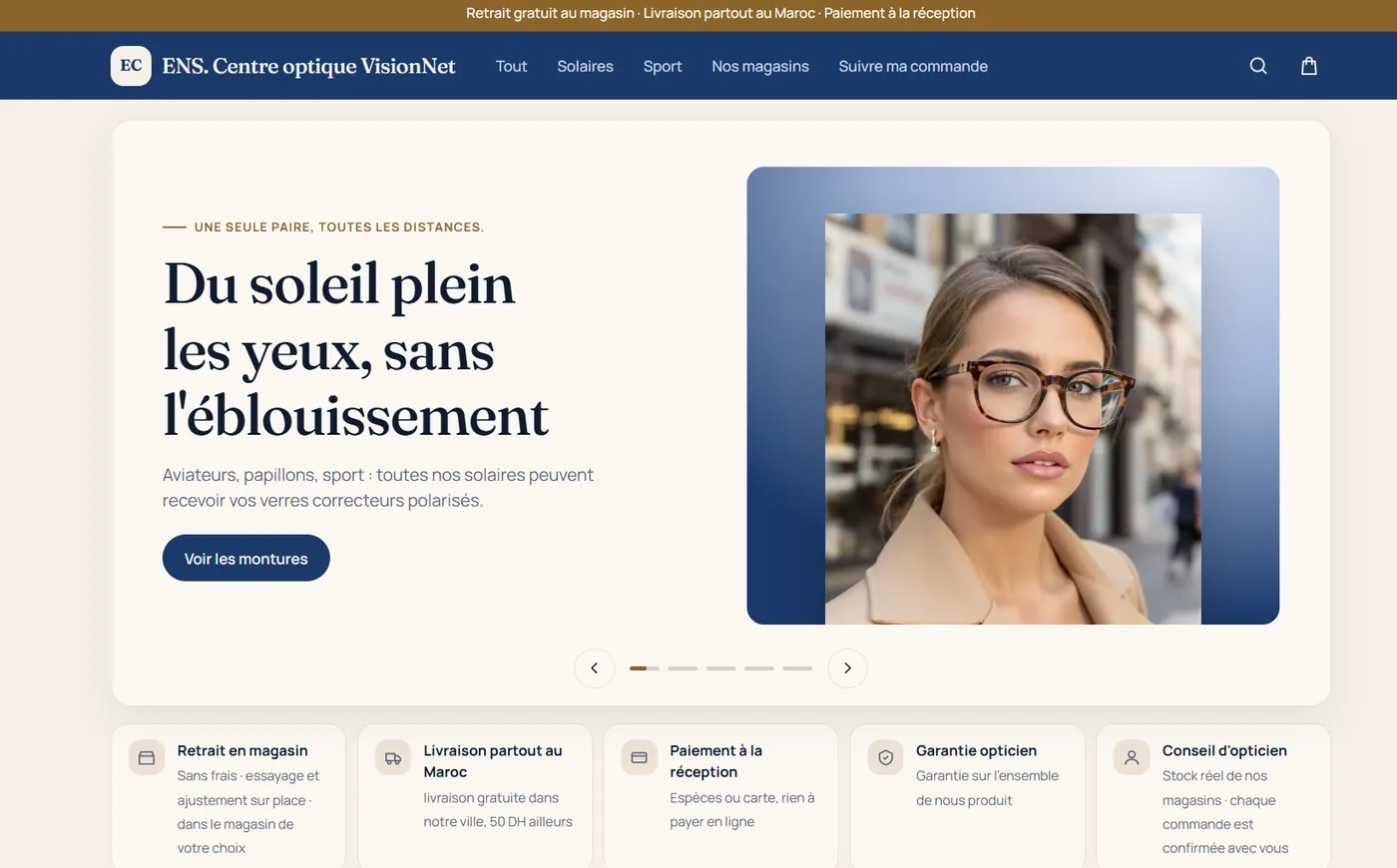 Accueil de la boutique en ligne d'un opticien : carrousel, retrait en magasin, livraison, garantie