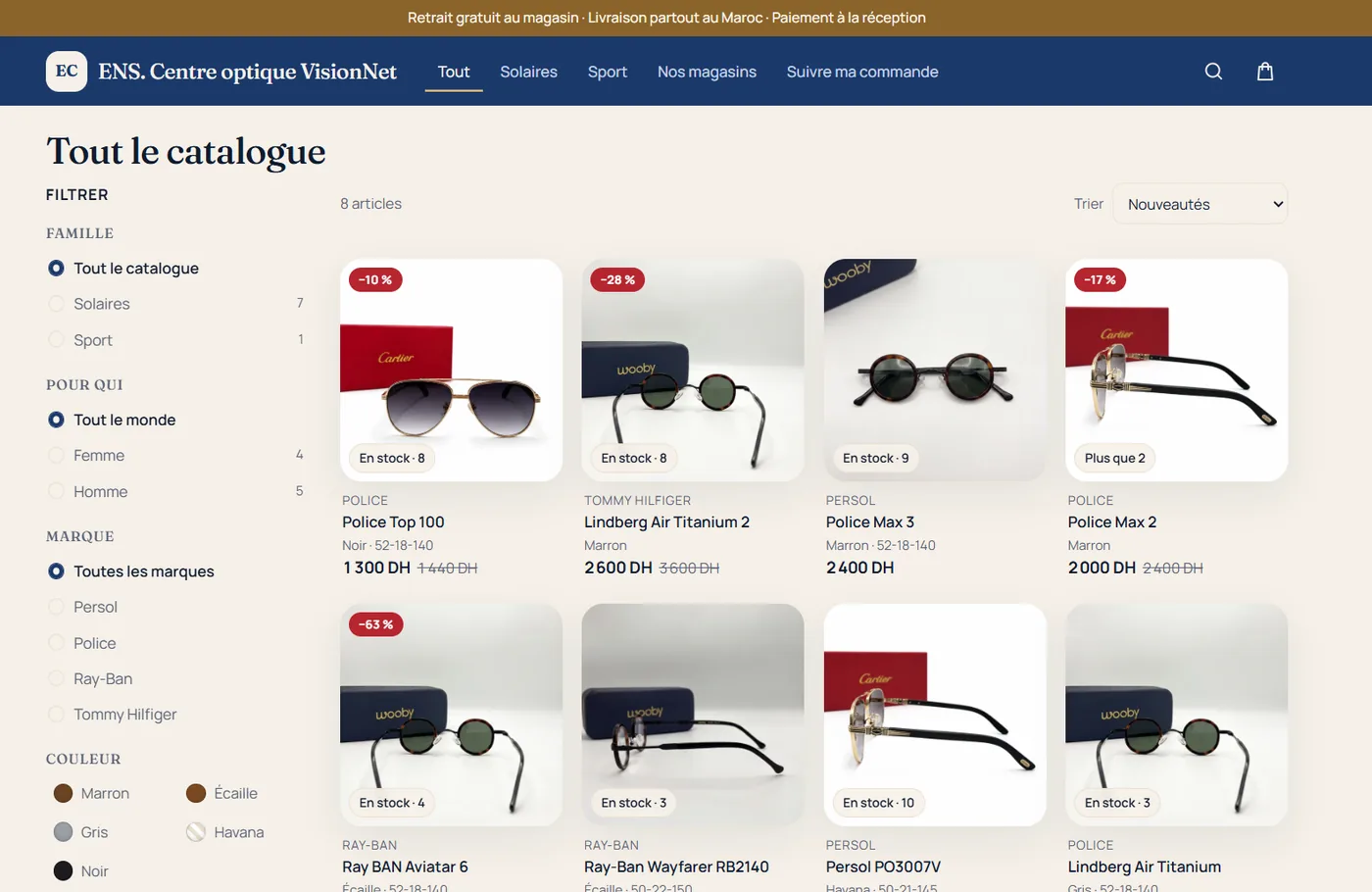 Catalogue de la boutique en ligne : filtres par famille, marque et couleur, stock réel et prix barrés