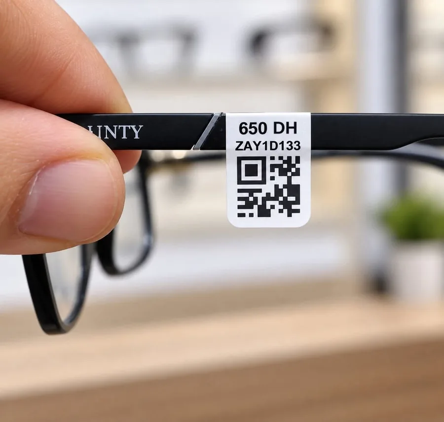 Étiquette imprimée posée sur la branche d'une monture : prix, référence et QR code
