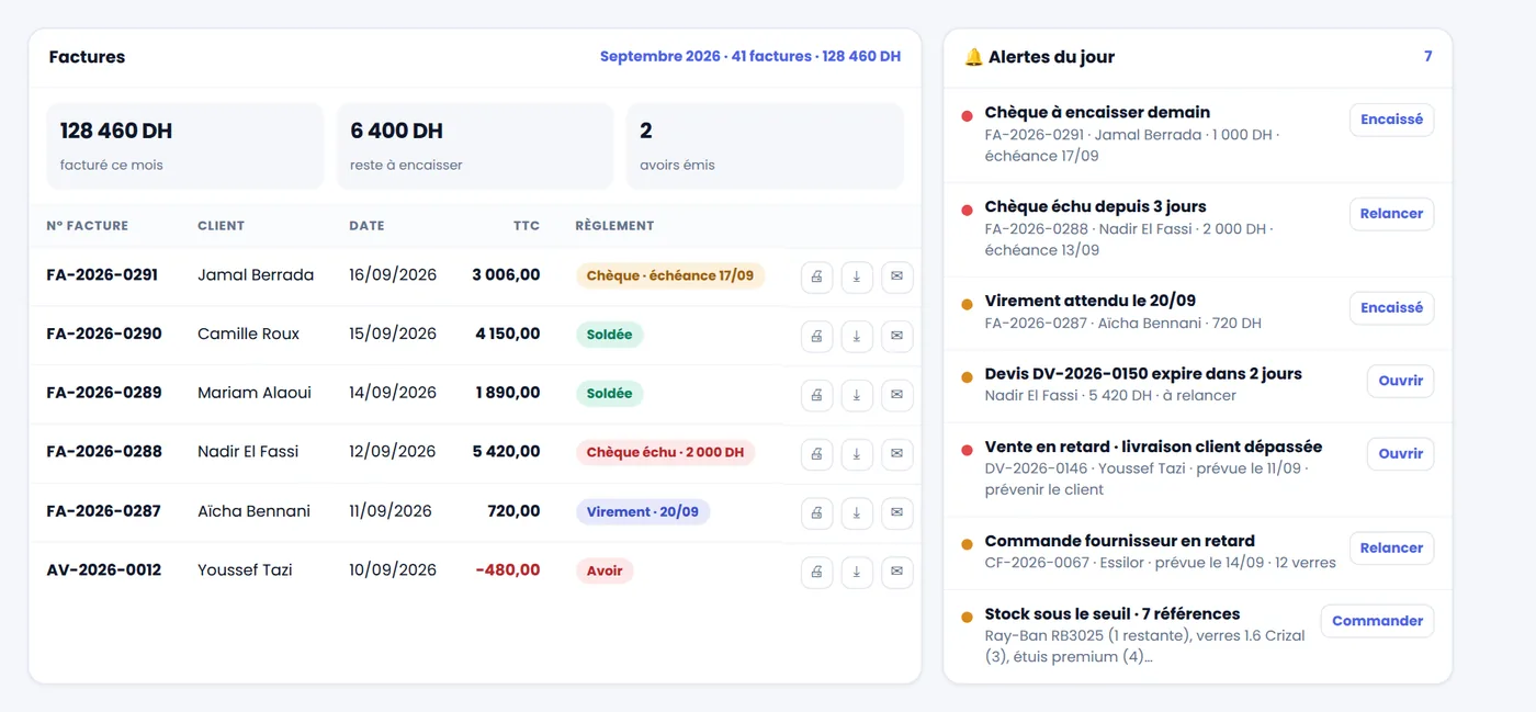Liste des factures et alertes d'échéances