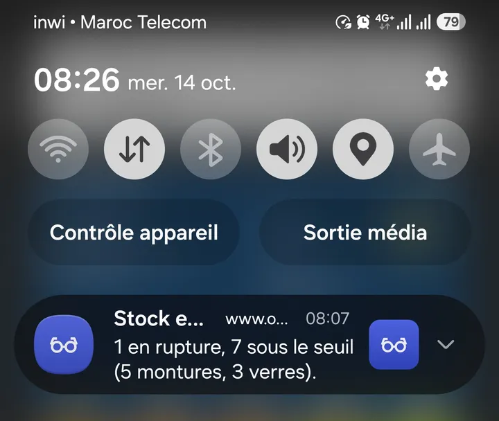 Notification Optix sur un téléphone Android : Stock, 1 en rupture, 7 sous le seuil